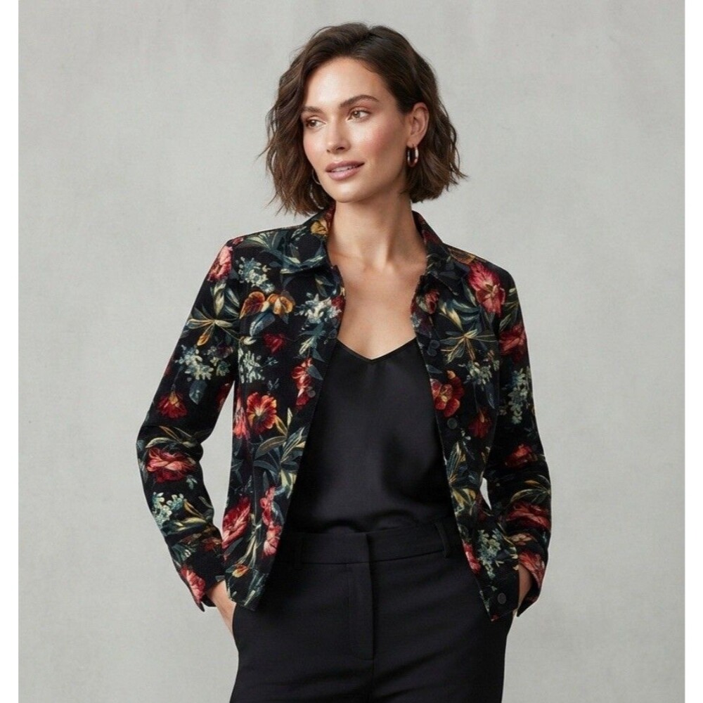 Coldwater Creek Black Multi Floral 100% Cotton Collared Button-Up Jacket Size XS